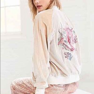 UO On Tour Velvet Varsity Bomber Jacket Mermaid
